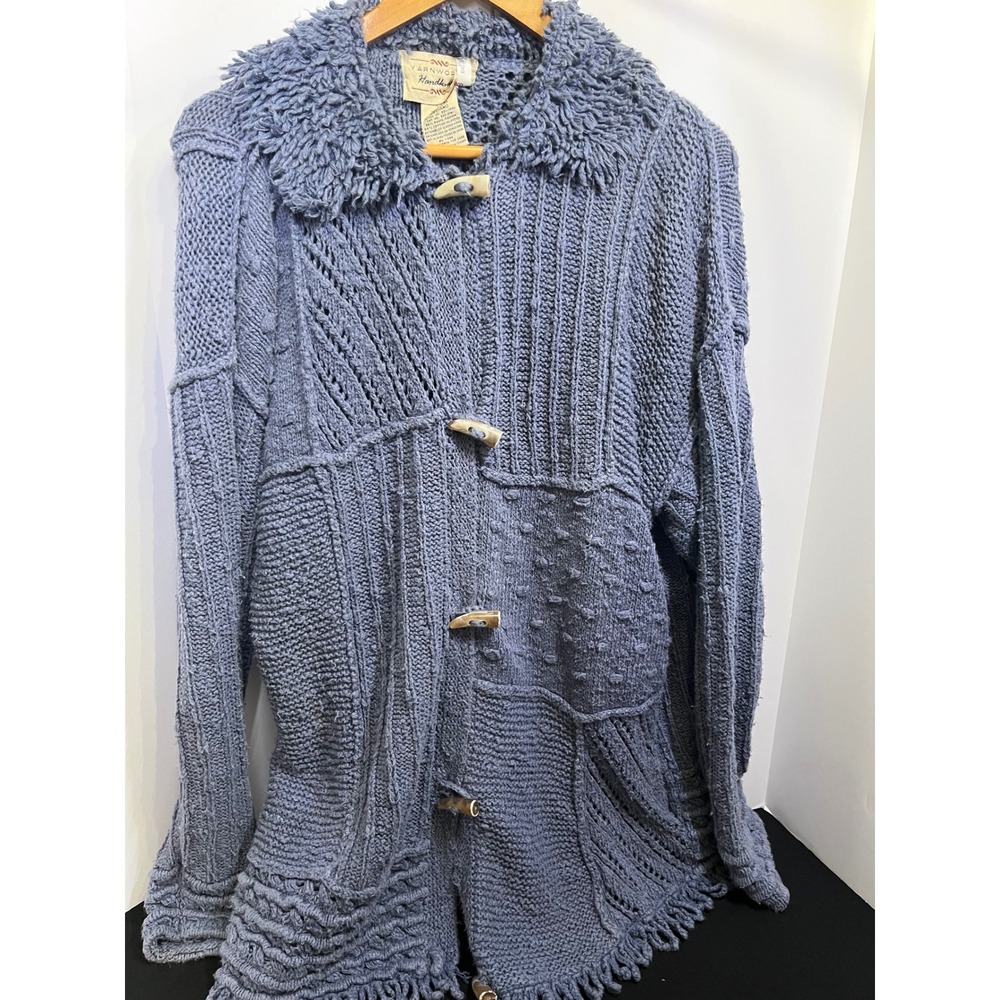 Yarnworks Handknit Blue Patchwork Toggle Cardigan Shaggy Collar Fringe Medium